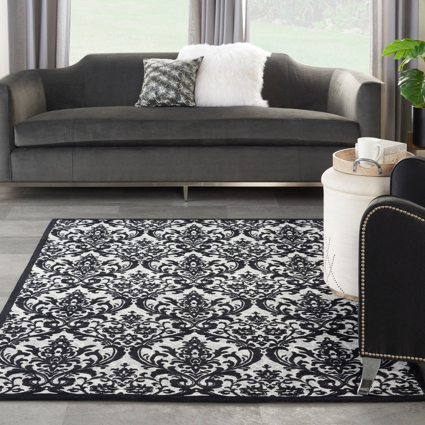 Nourison Home Damask Black White Traditional