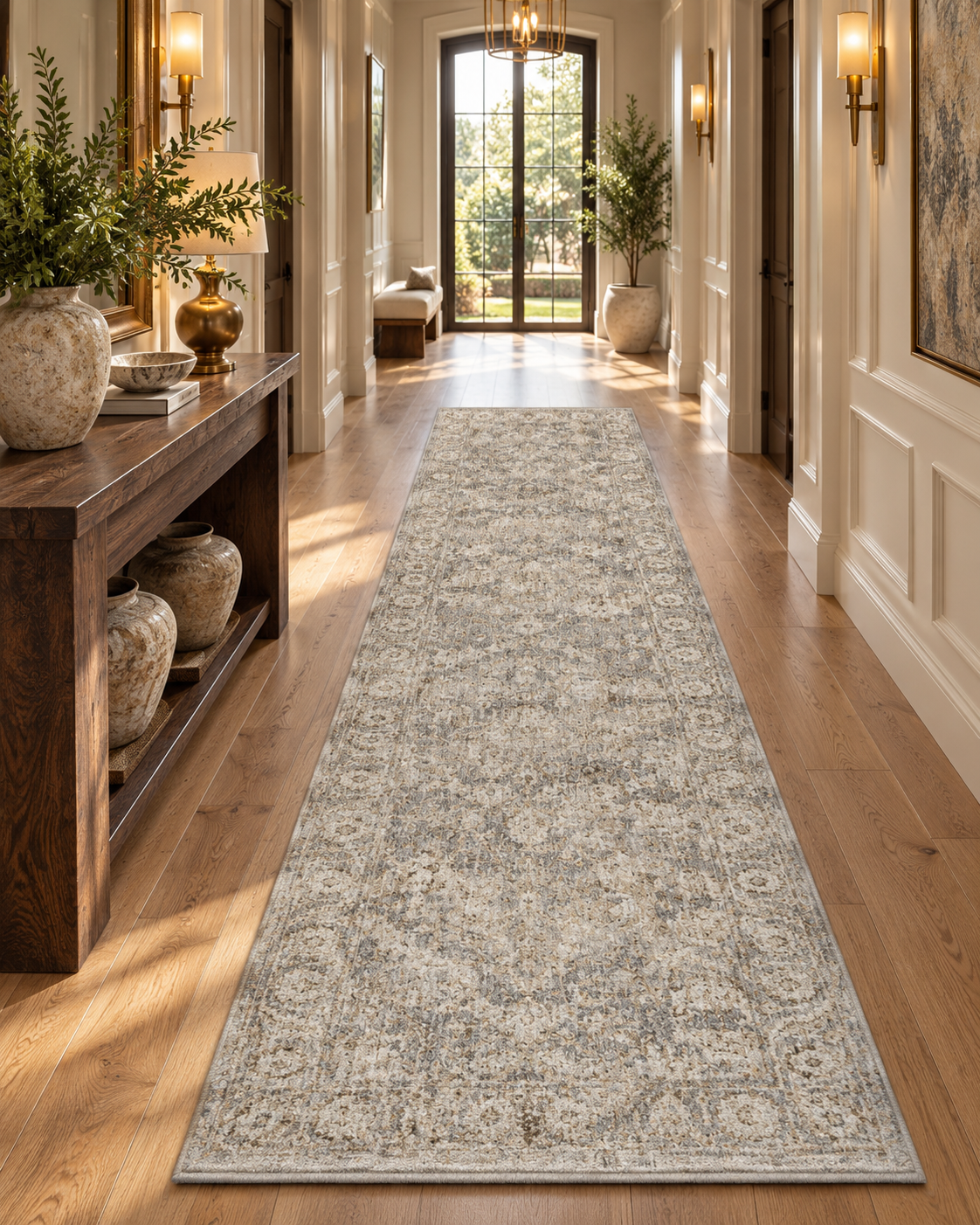 Amber Lewis x Loloi Honora HON-02 Slate Beige Style Shot — Slate beige traditional runner rug in a bright hallway with wood flooring.
