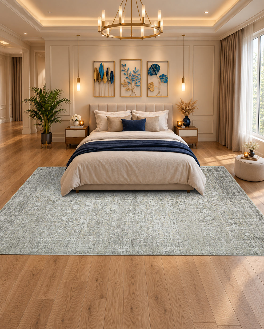 Amber Lewis x Loloi Honora HON-04 Grey Beige Bedroom — Grey and beige subtly patterned rug framing a cream bed in a bright bedroom.