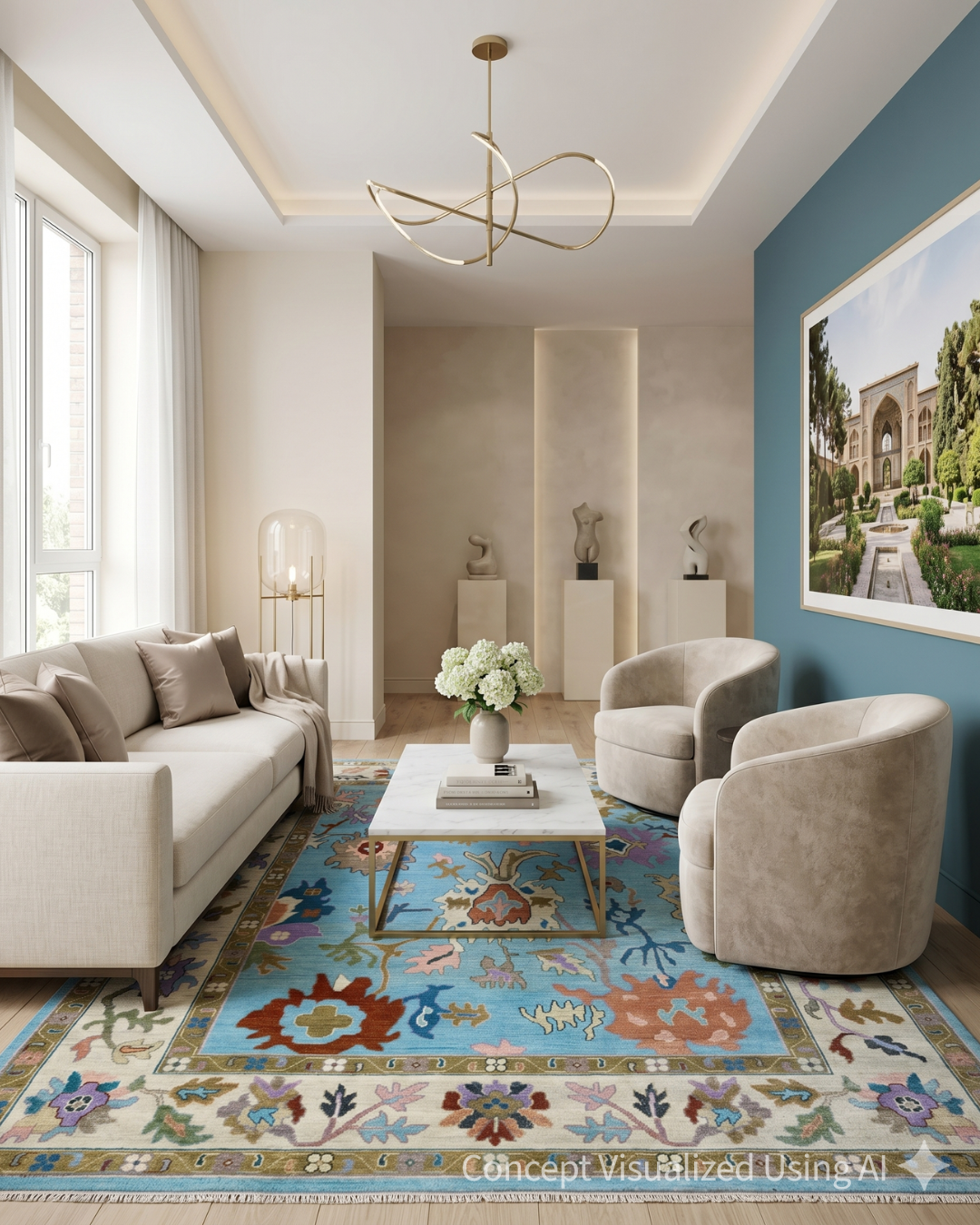 Artisan Blossom Blue Beige Traditional Knotted Rug for living room