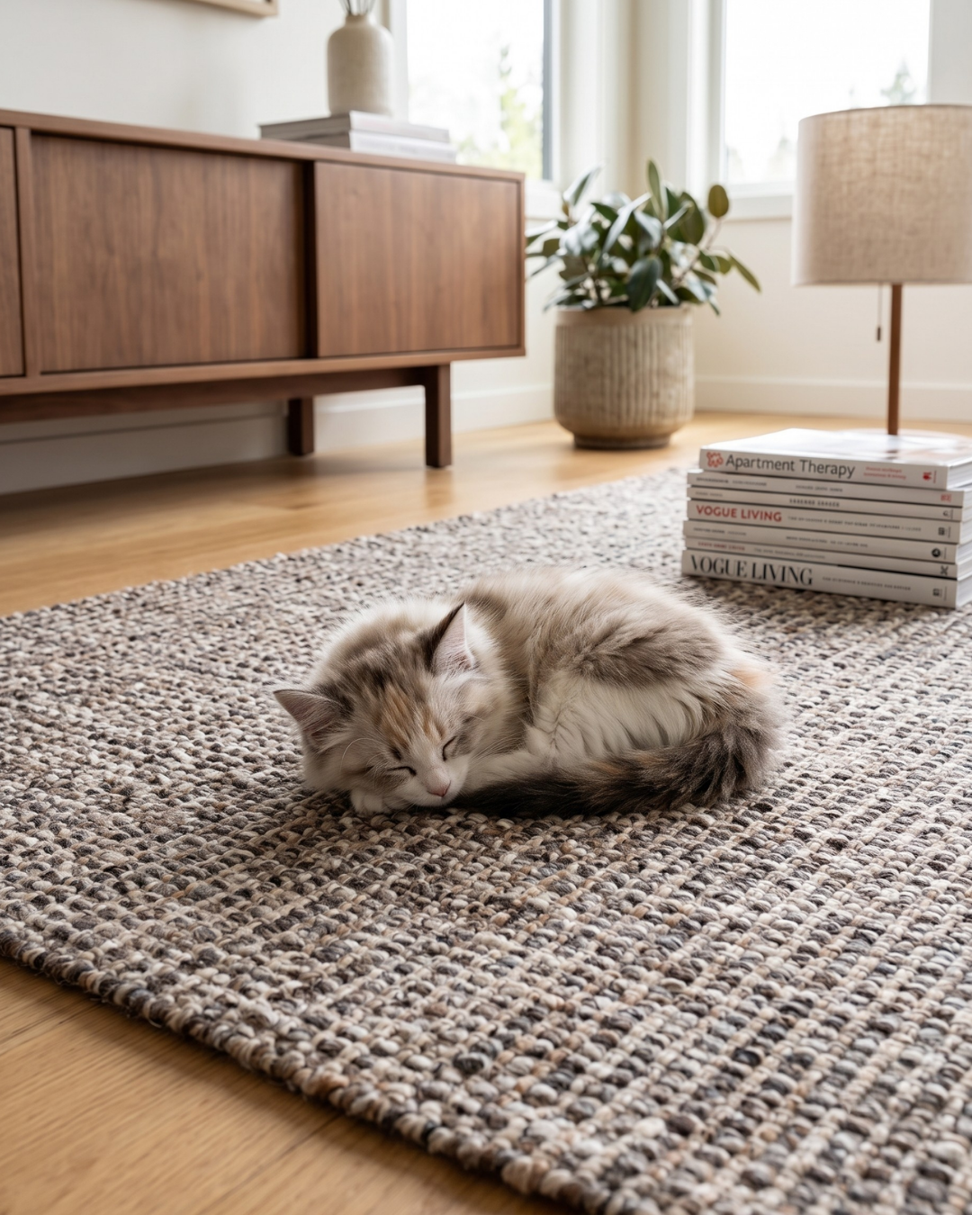 Dalyn Rugs Bondi BD1 Coffee Style Shot — Coffee textured area rug with a cozy cat lifestyle scene.