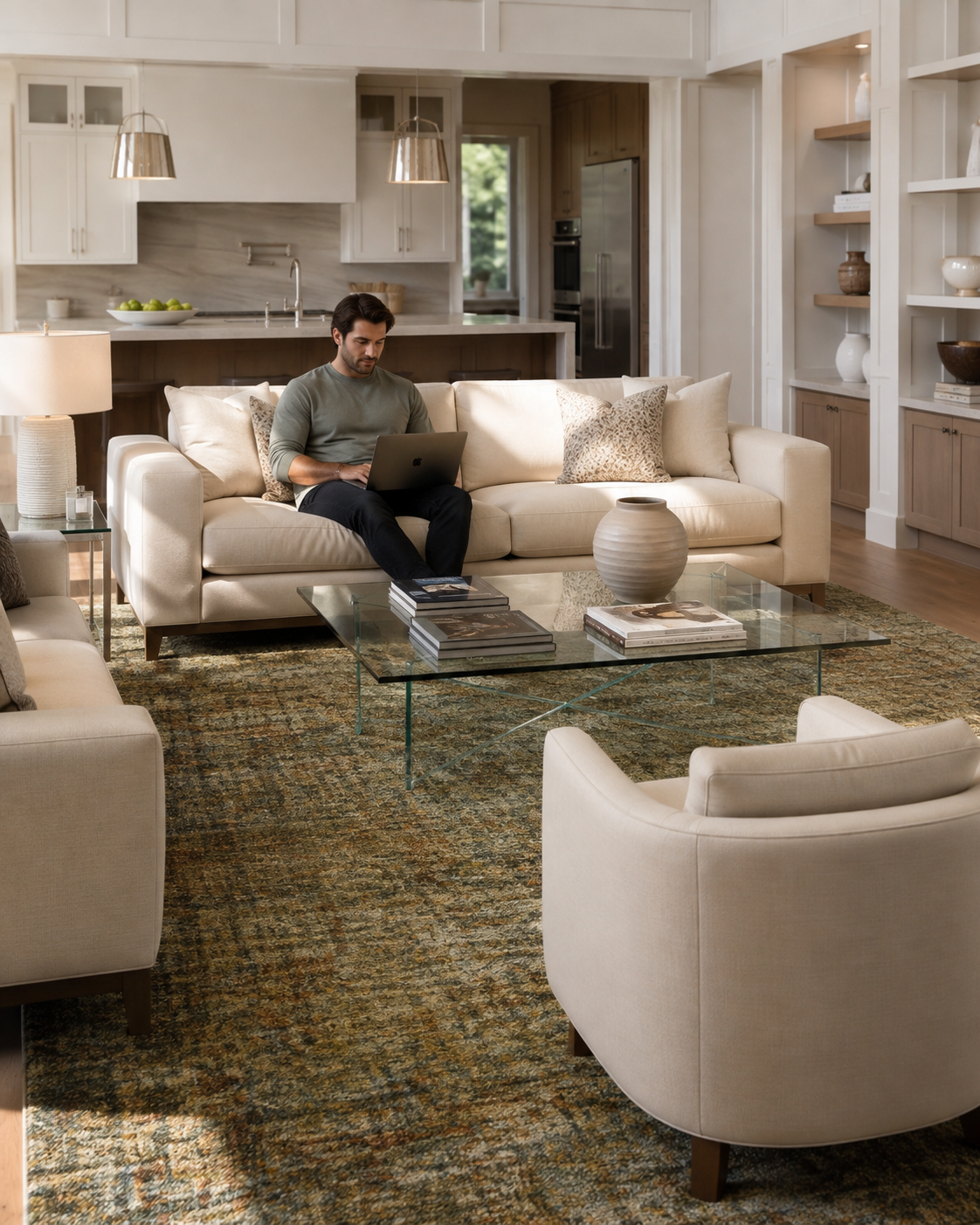 Dalyn Rugs Calisa CS5 Meadow Style Shot — Meadow green abstract area rug in a bright modern living room.