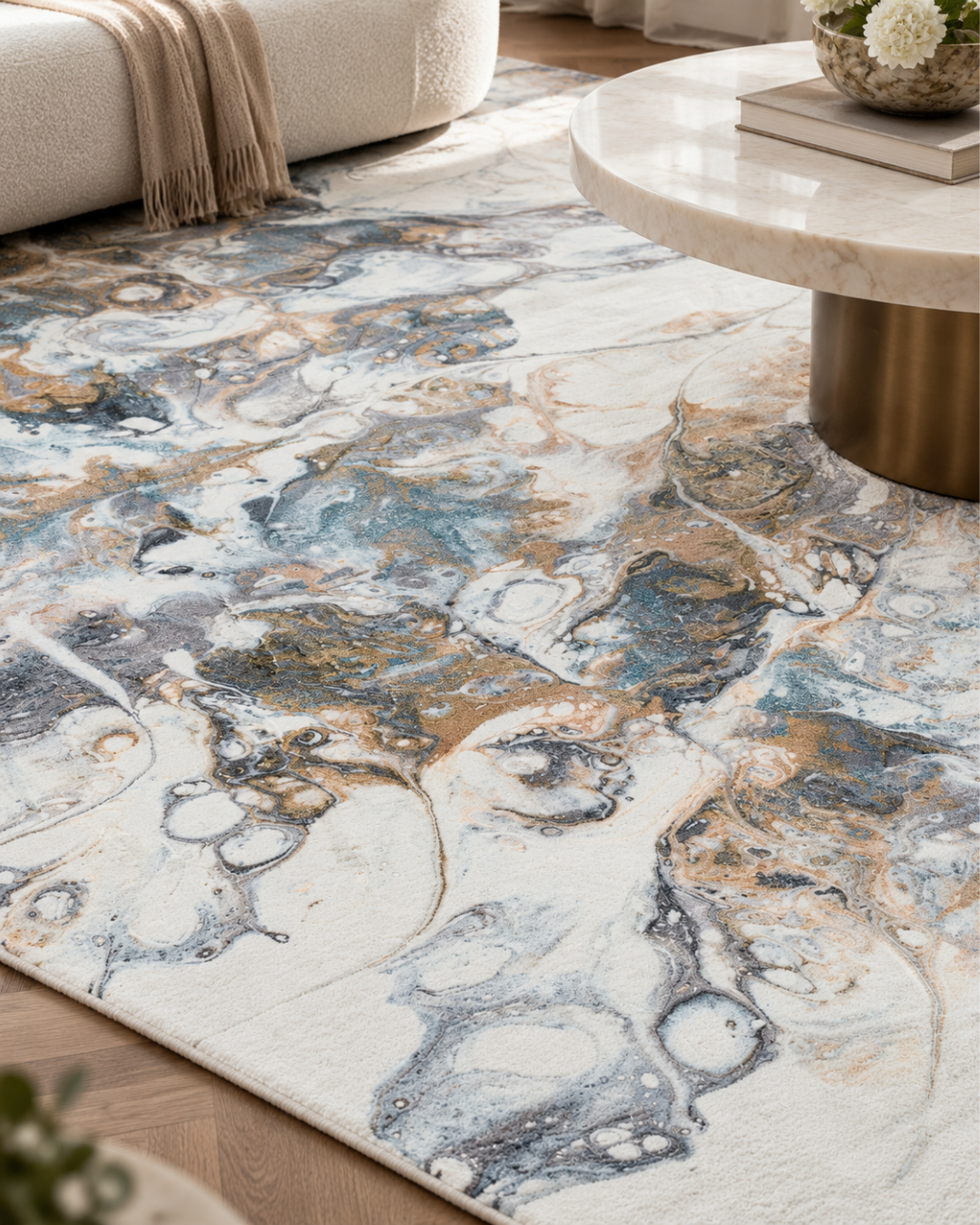 Dalyn Rugs Kikiamo KK11 Volcano Style Shot — Volcano abstract area rug styled in a contemporary living space.