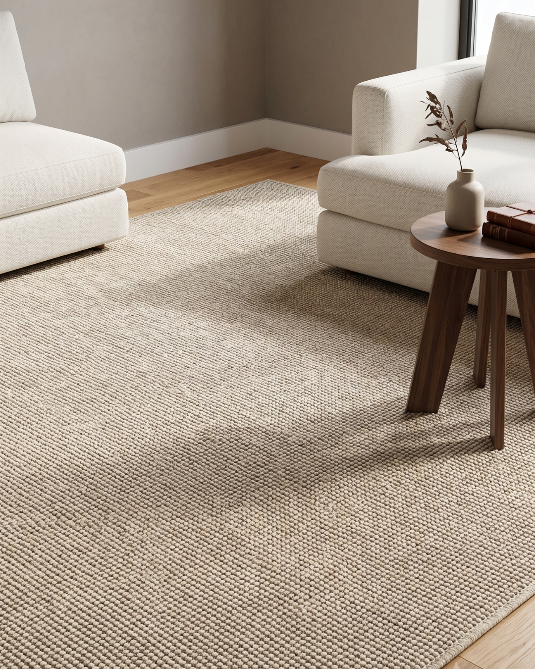 Dalyn Rugs Monaco Sisal MC300 Oatmeal Style Shot — Oatmeal woven area rug styled in a neutral contemporary living room.