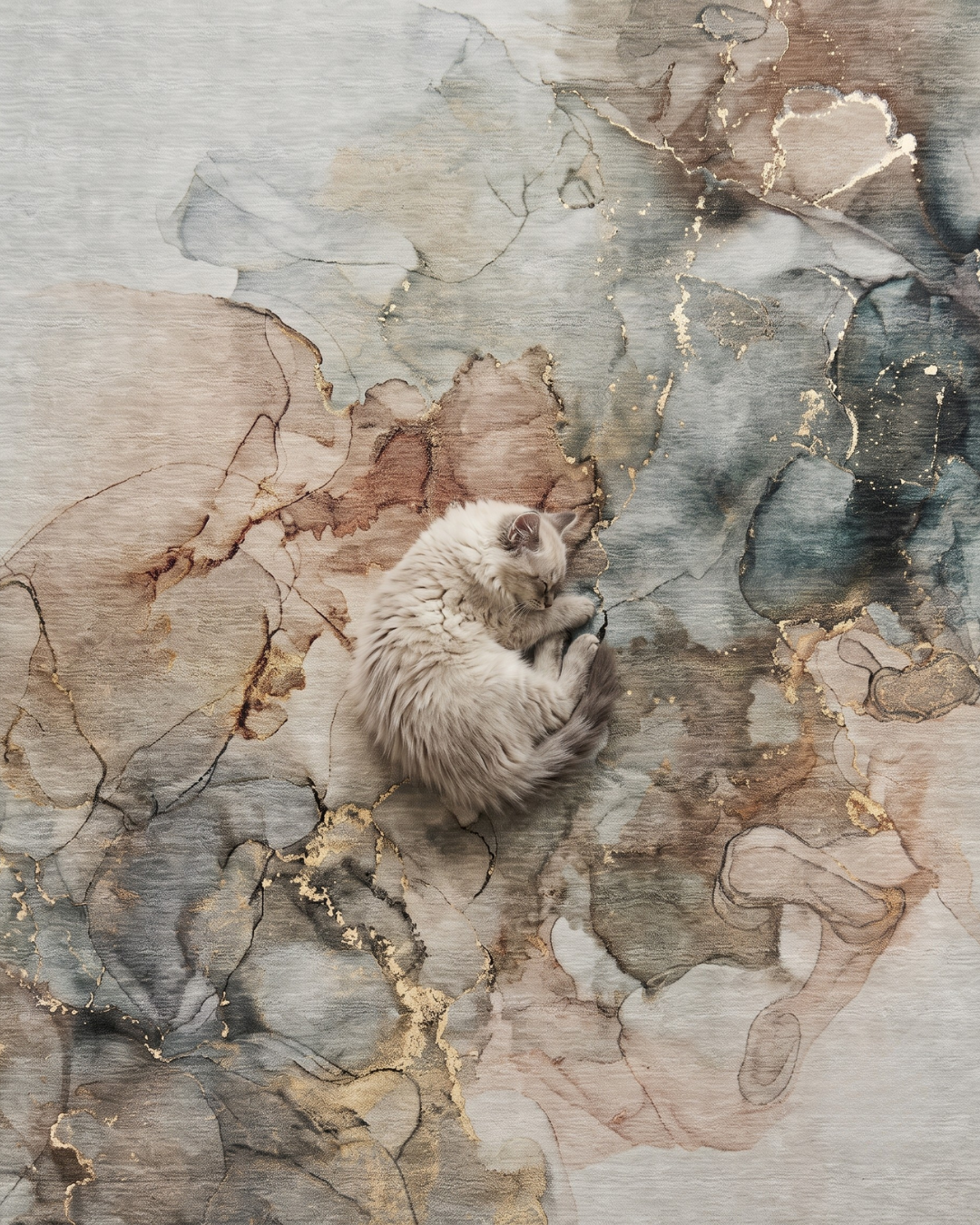 Dalyn Rugs Odyssey OY12 Tan Style Shot — Tan abstract area rug with a resting cat.