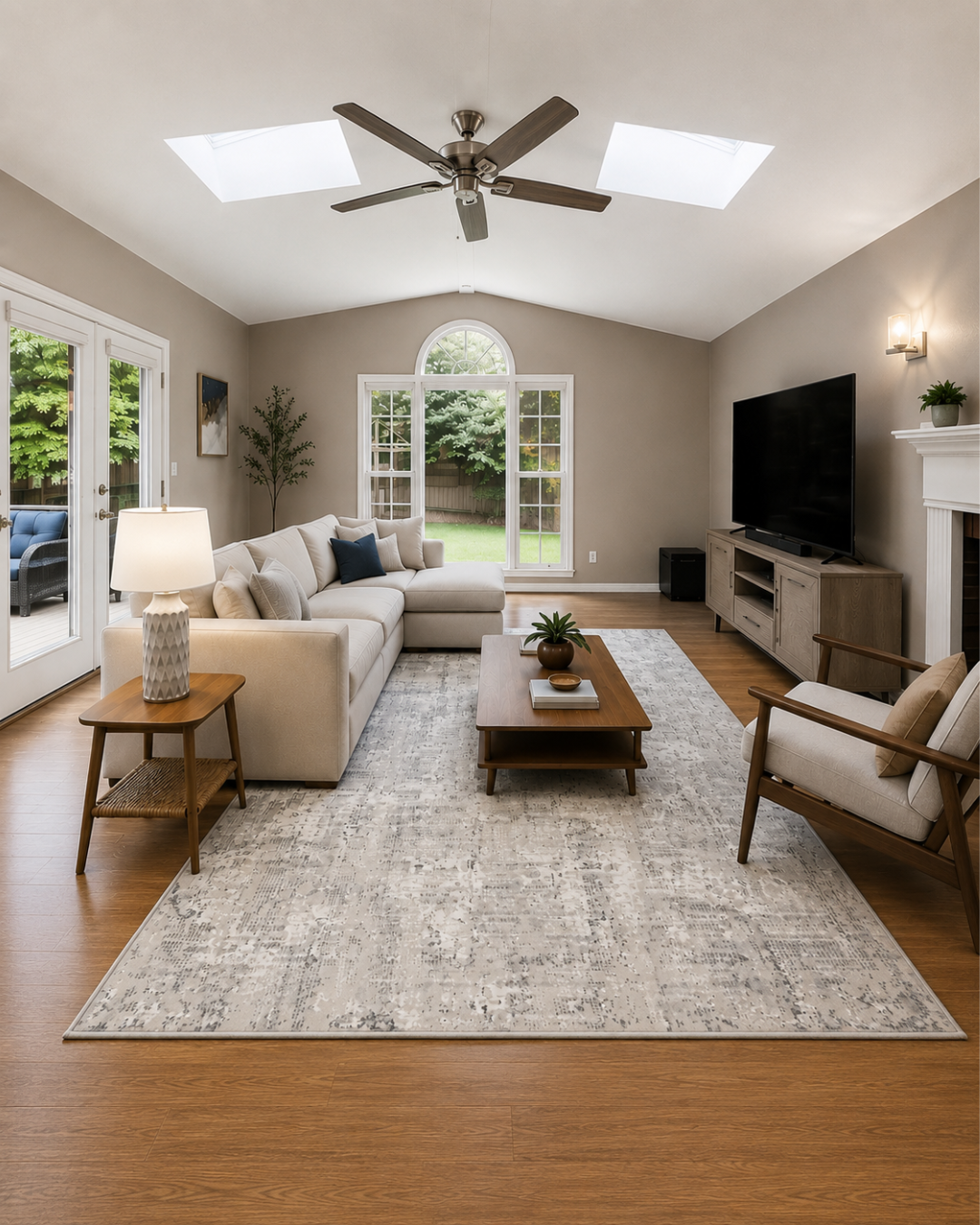Dalyn Rugs Rhodes RR3 Silver Living Room — Silver abstract area rug in a spacious contemporary living room.
