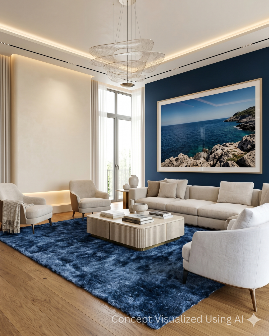 Feizy Indochine 4550F Blue luxury shag rug in elegant living room