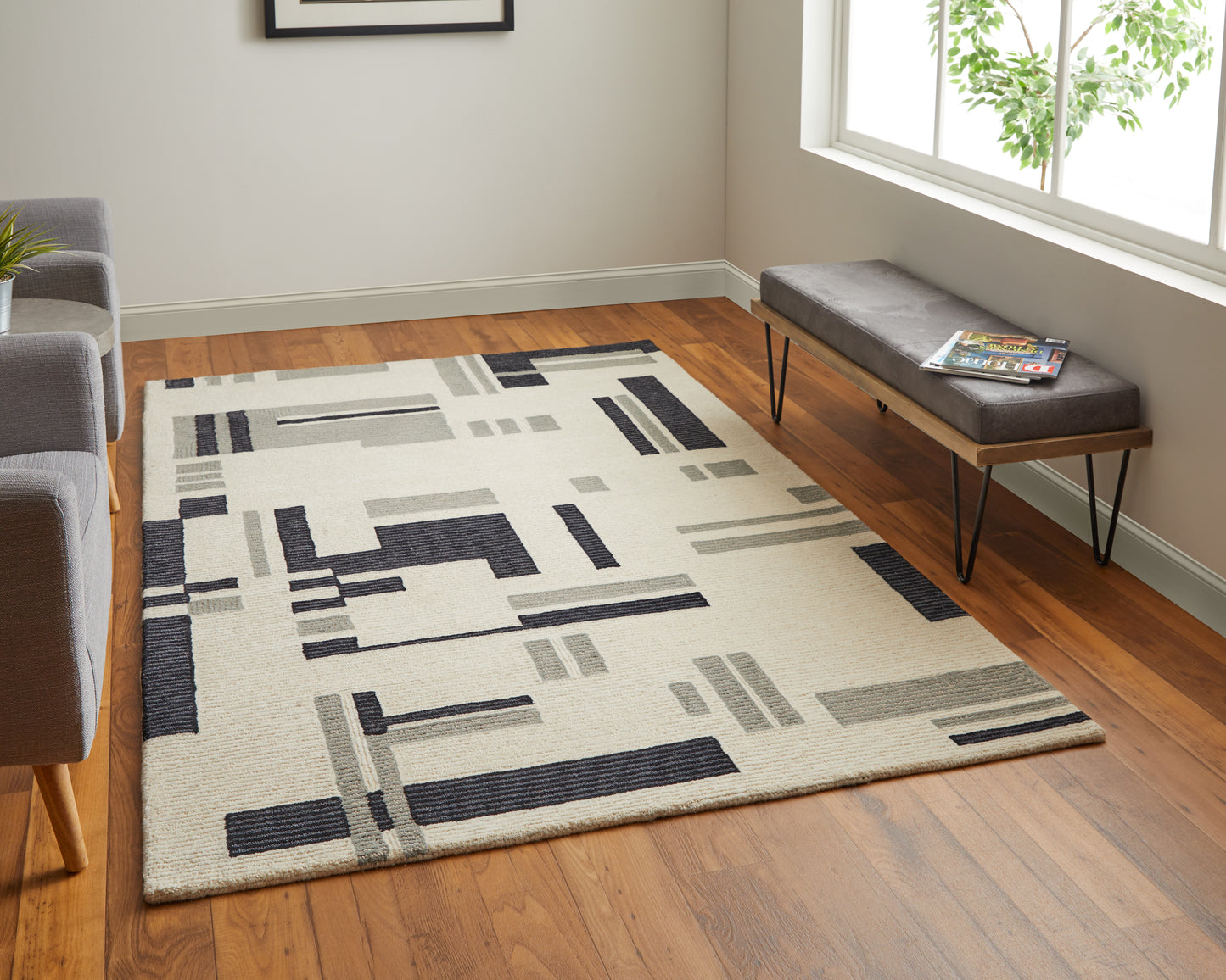 Feizy Maguire 8903F Ivory Black Transitional/Industrial/Mid-Ce Hand Tufted Rug
