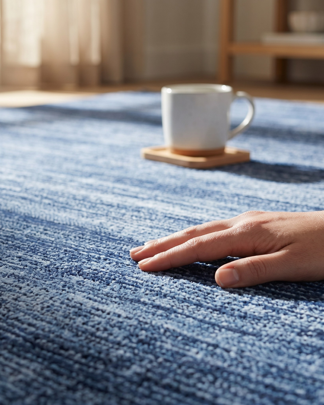 Feizy Deja 39PJF Blue plush textured rug close-up styleshot