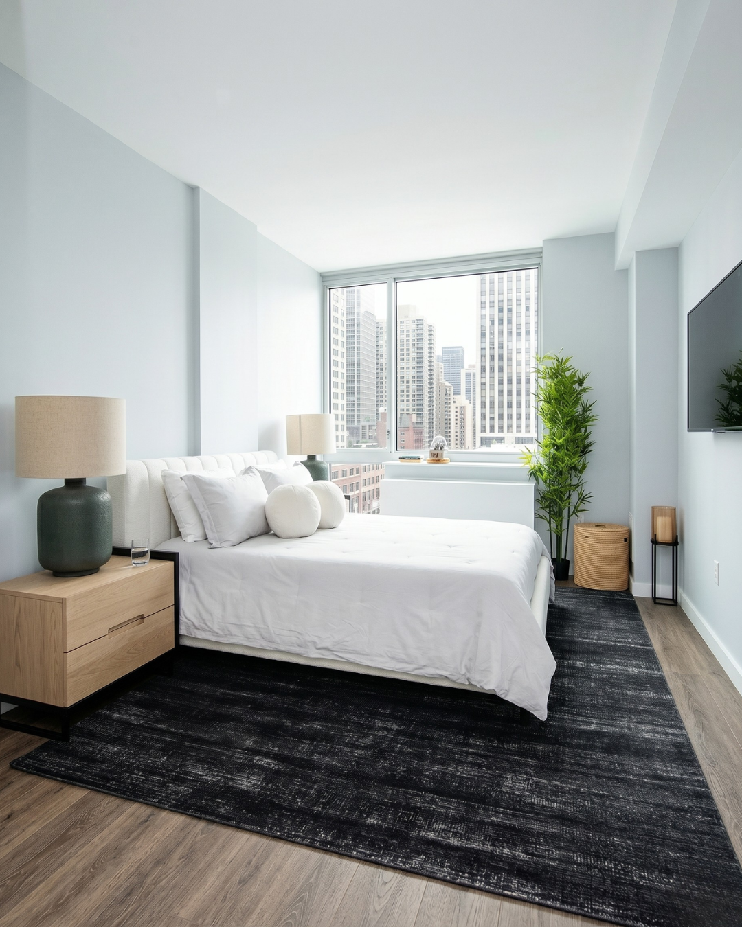 Feizy Deja 39PJF Charcoal abstract black rug in minimalist bedroom