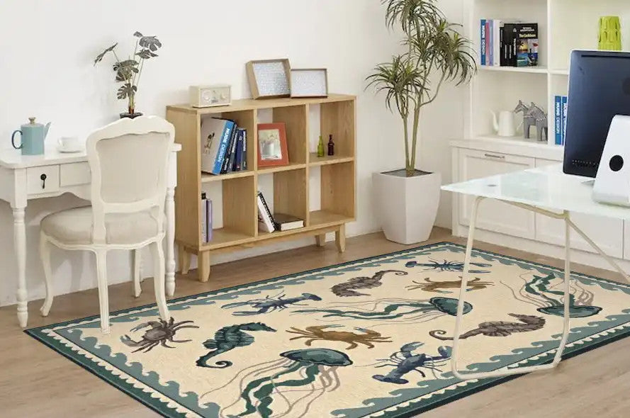 Kas Harbor 4204 Ivory Teal Indoor/Outdoor Hand Hooked Rug