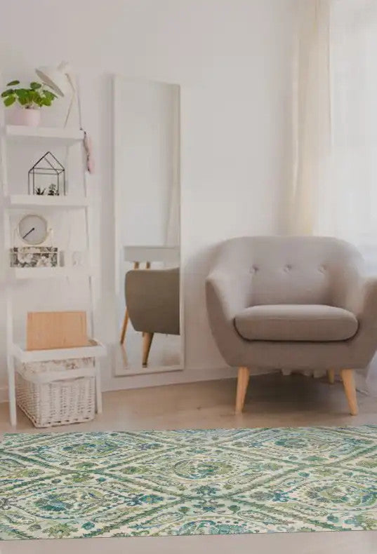 Kas Stella 6256 Ivory Teal Transitional Machine Woven Rug