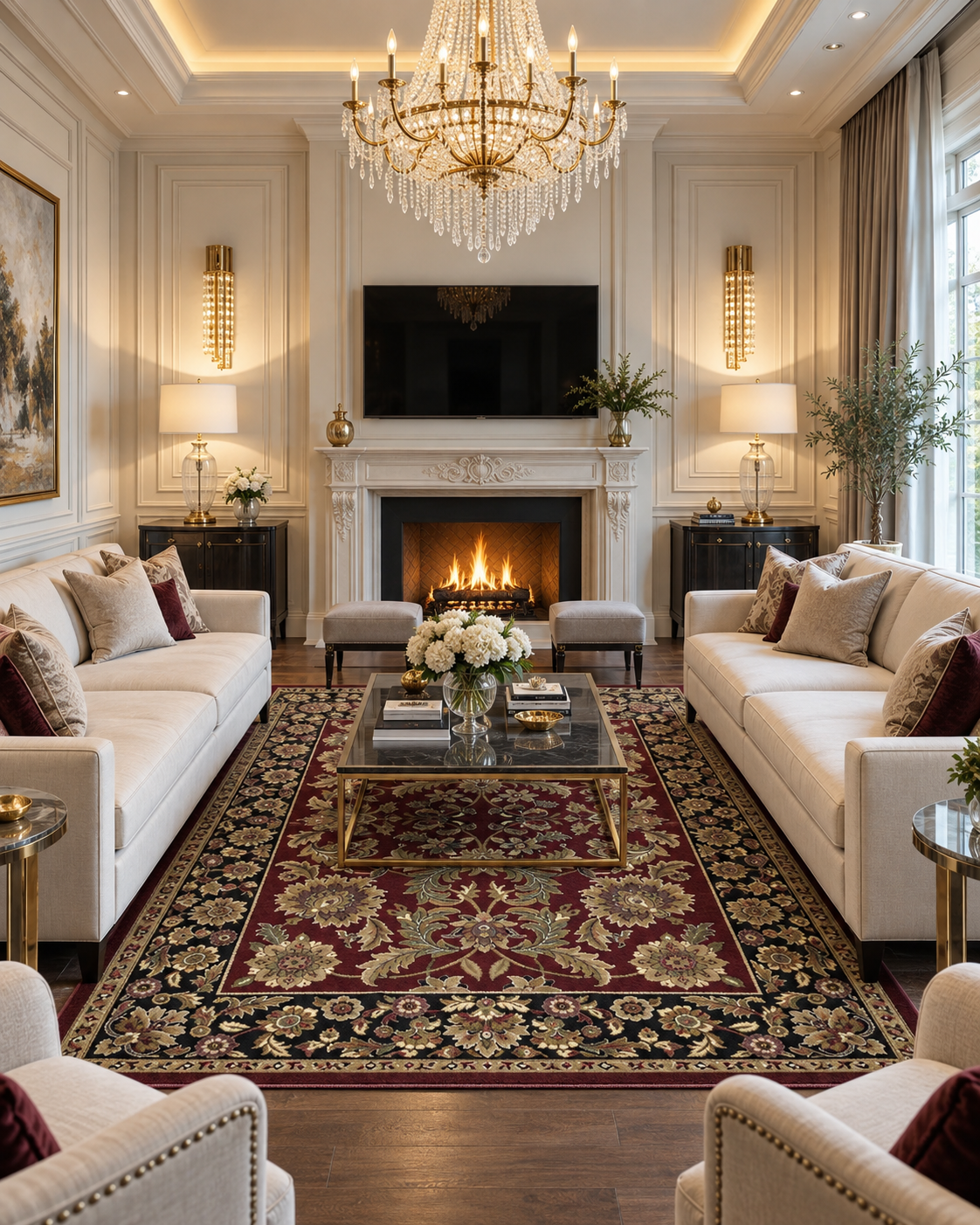 KAS Cambridge 7301 Red Black Living Room — Red and black area rug in a living room.
