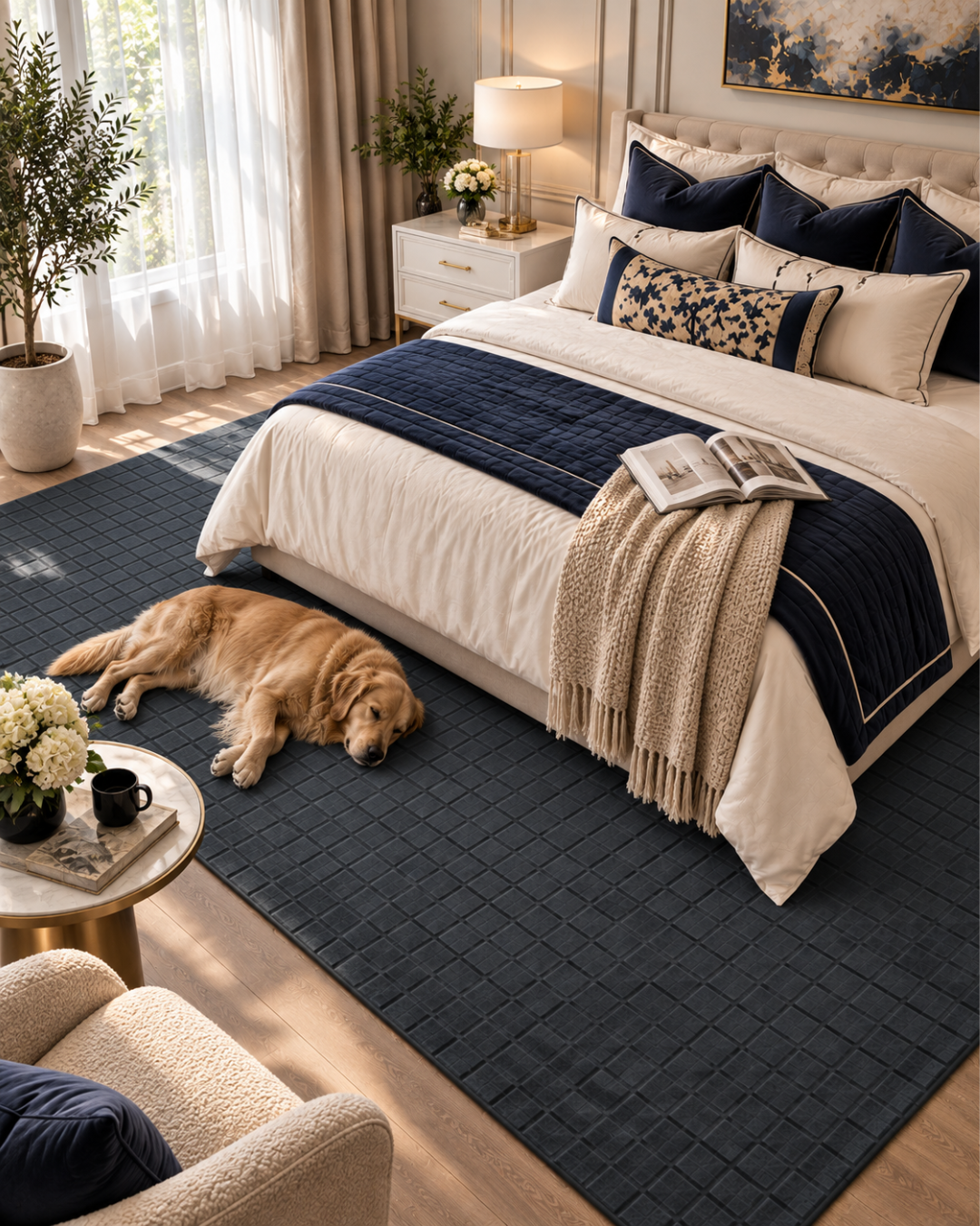 Momeni Contour CON-1 Navy Style Shot — Navy textured geometric rug with a golden retriever beside the bed.