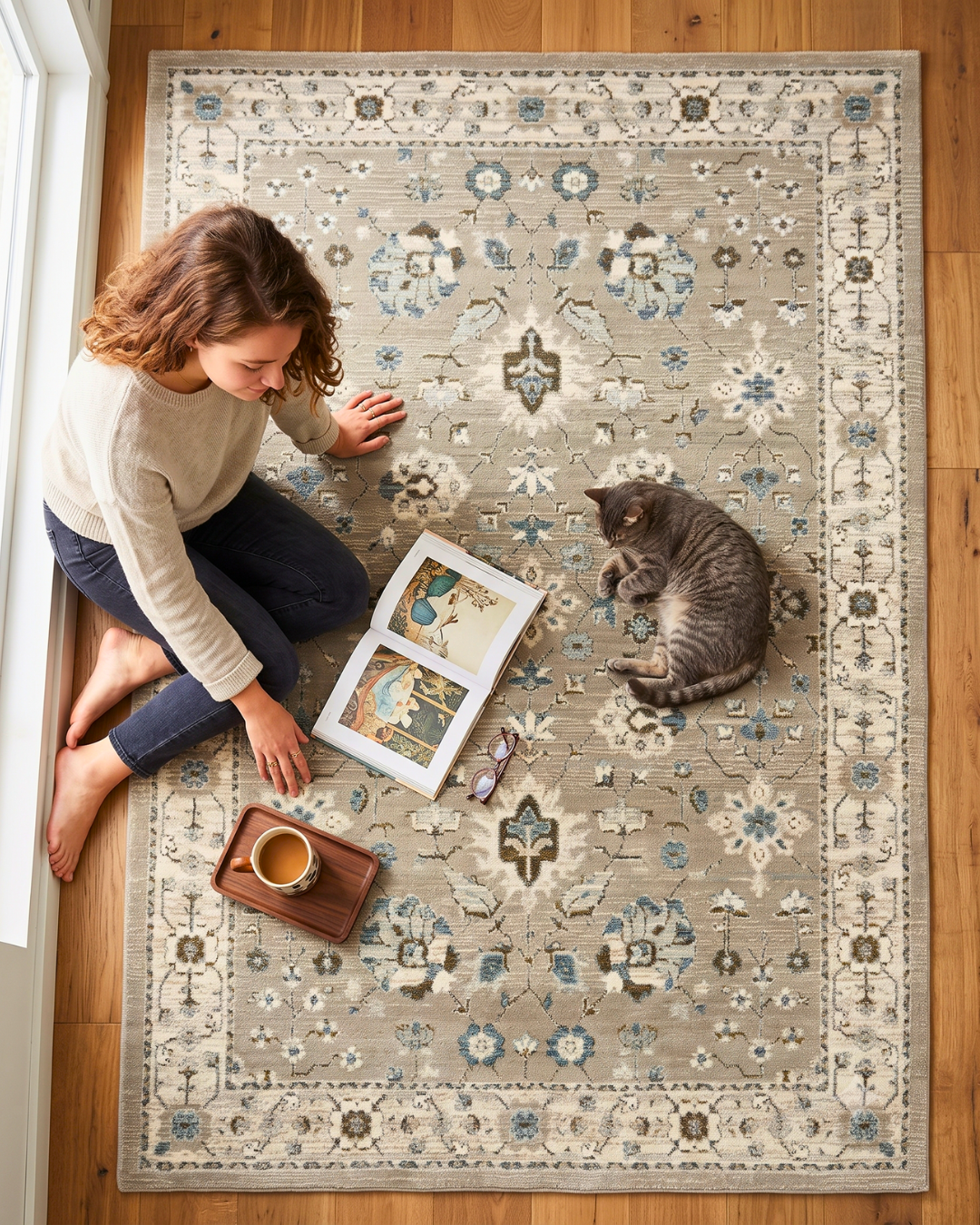 Oriental Weavers Andorra 8930L Beige Ivory traditional rug with subtle blue floral accents.