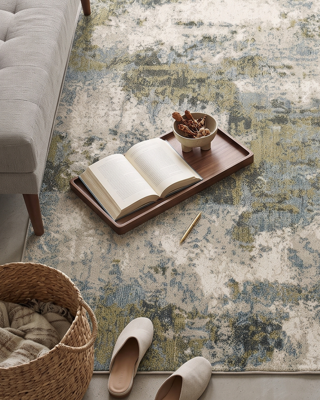 Oriental Weavers Evolution 8039E Blue Green abstract rug styled with tray and decor