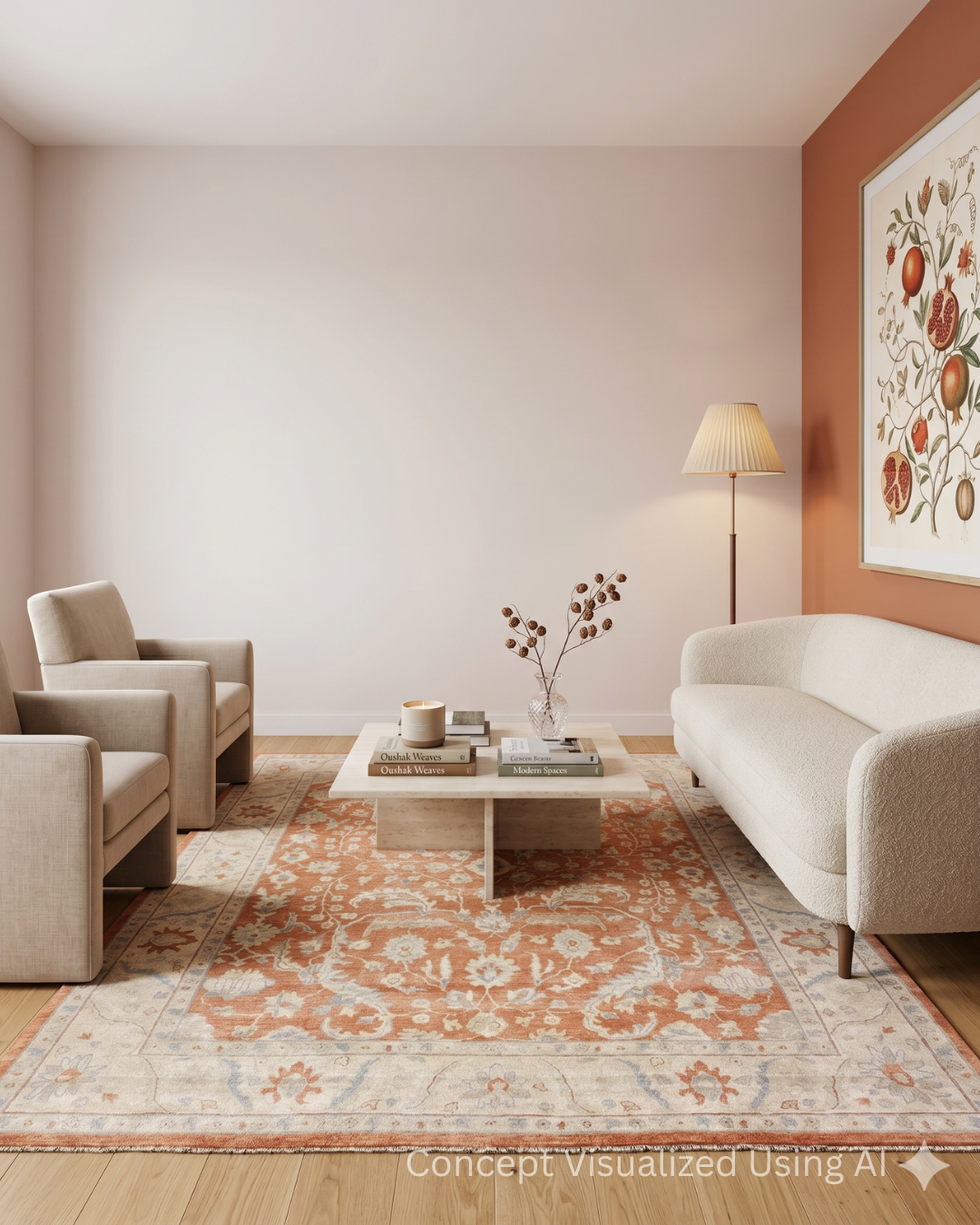 Artisan Julie Coral Beige ornate rug in warm living room