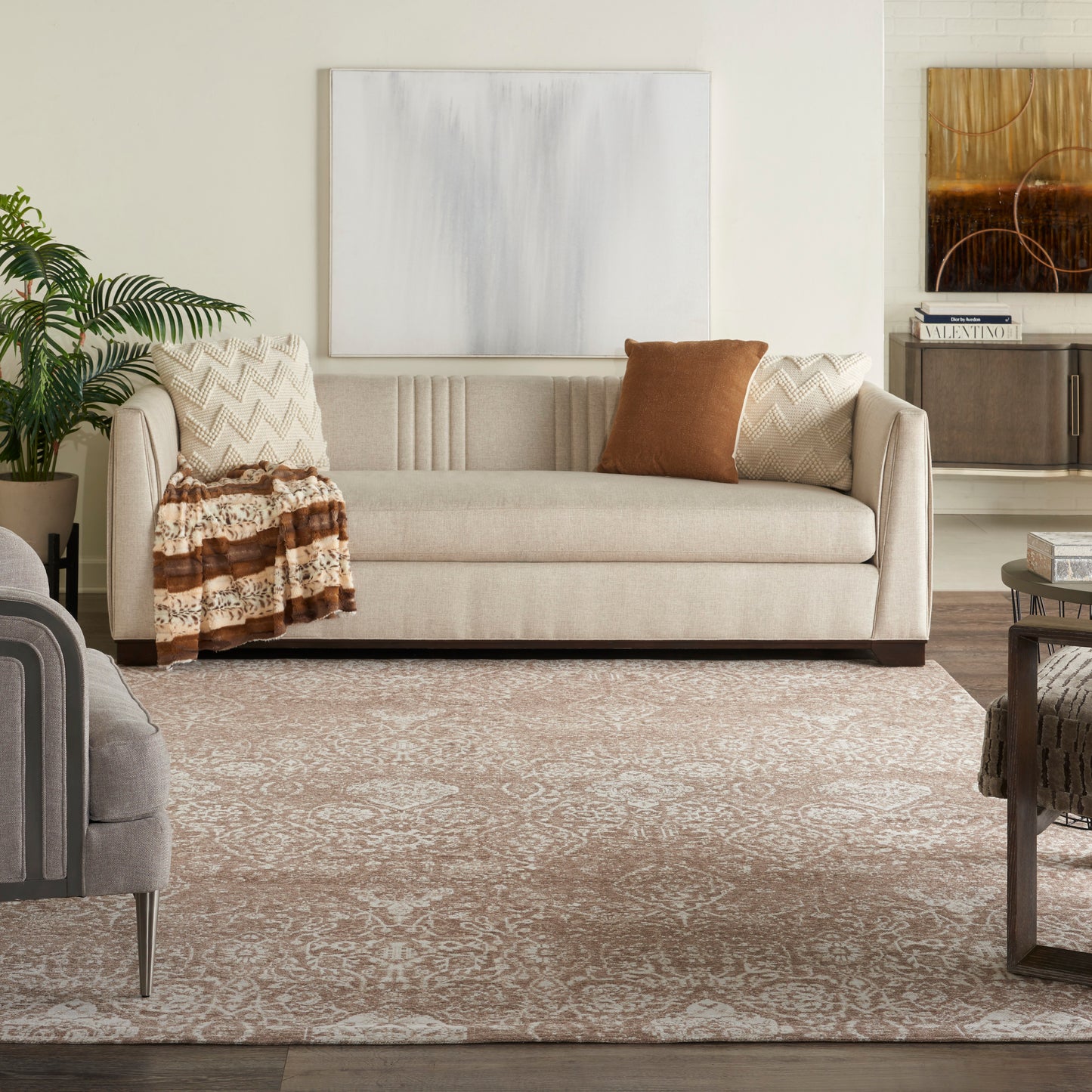 Nourison Home Damask Beige Ivory Transitional