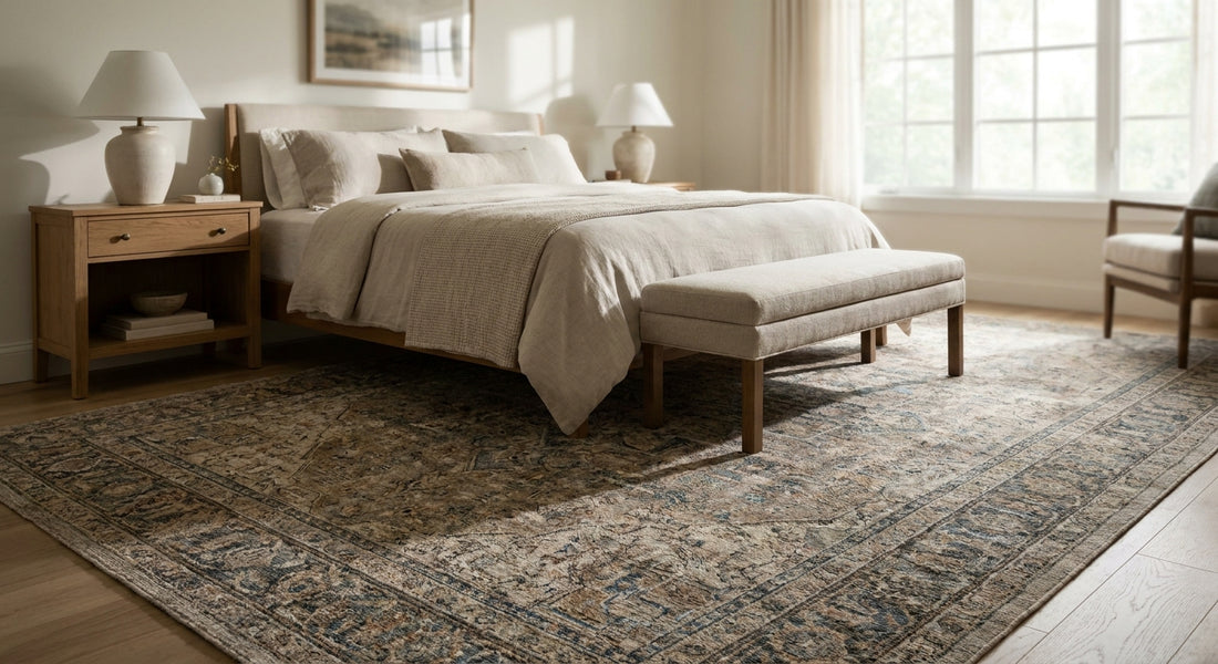 Chris Loves Julia x Loloi rugs for a primary bedroom