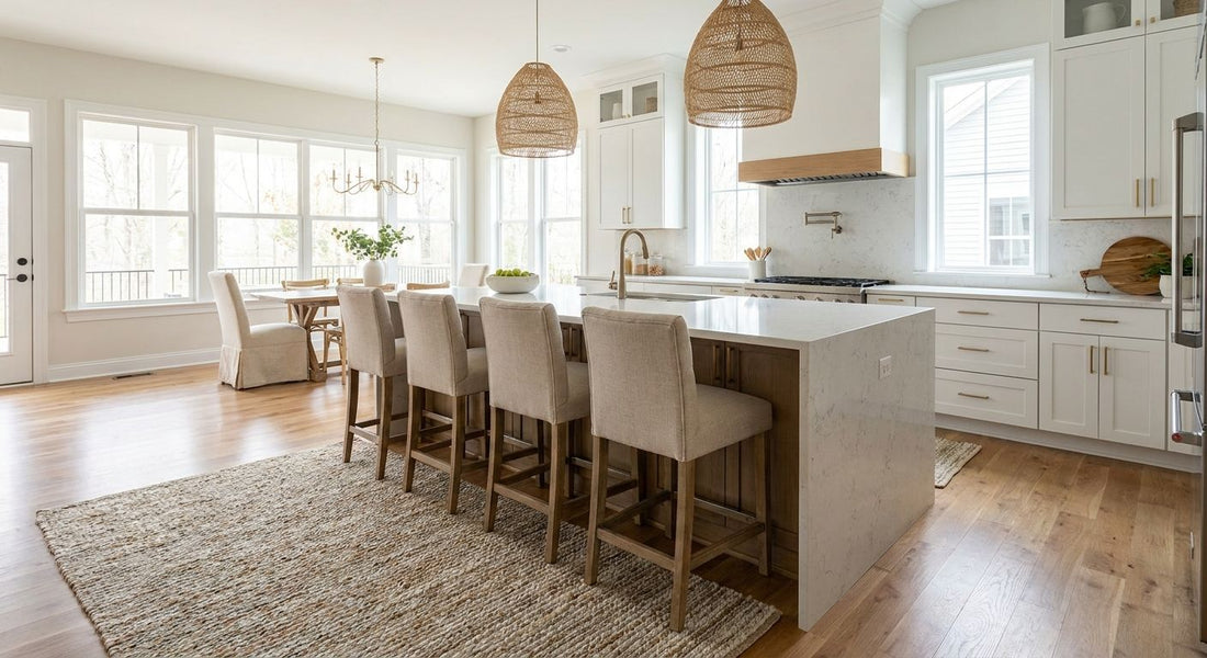 Rugs for an open concept kitchen island seating area