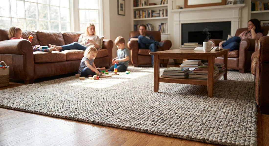 Wool-blend rugs for a high-traffic family room