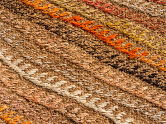 Detailed macro shot of a colorful woven textile showcasing intricate patterns.
