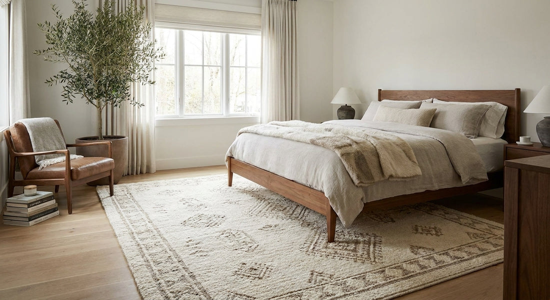 Hand woven rugs for a primary bedroom