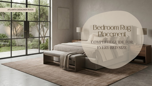 Bedroom rug placement guide showing full rug under bed with neutral bedroom setup