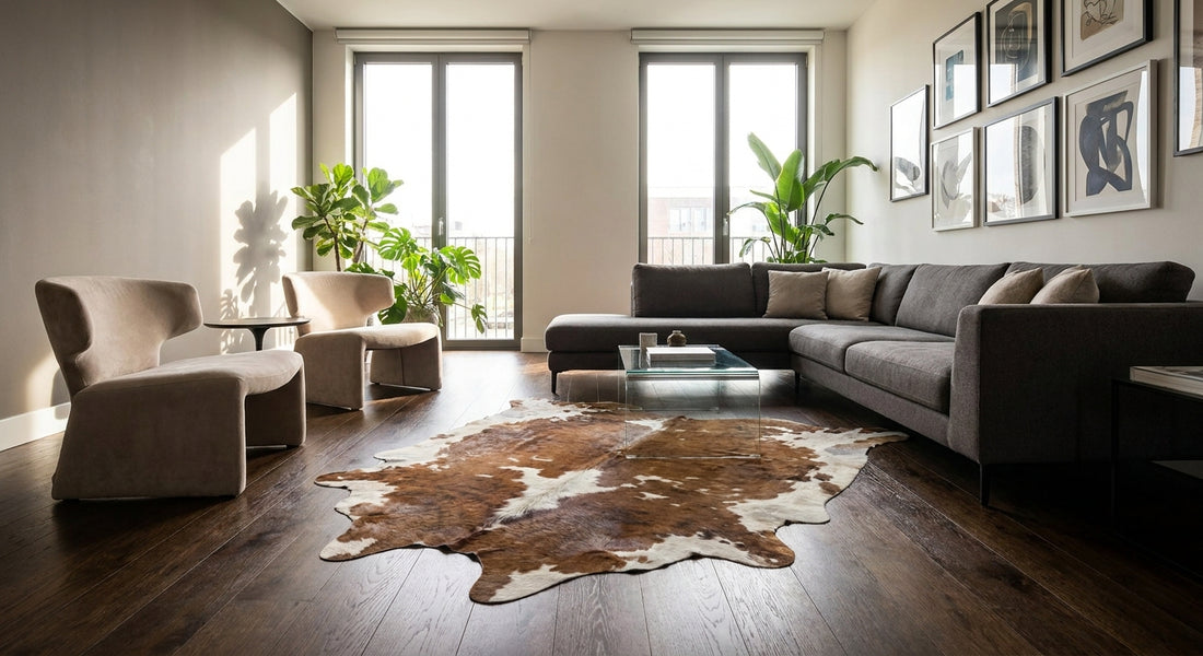 Cowhide rugs for a contemporary living room