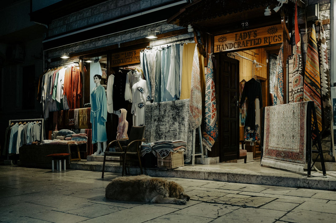 A quiet street at night showcasing a sleeping dog in front of a store selling handcrafted carpets and clothes.