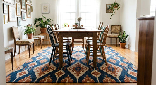 Ikat pattern rugs for an eclectic dining room