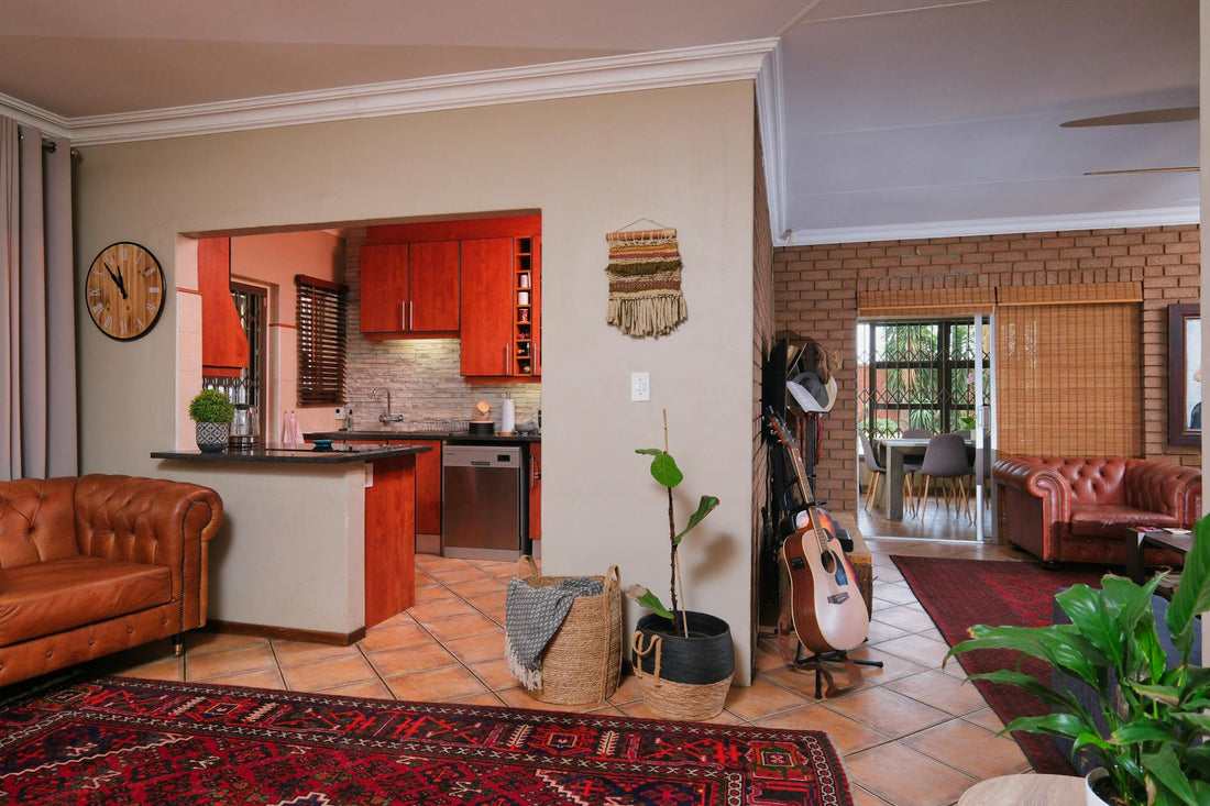 Stylish living area with modern design showcasing a cozy atmosphere and eclectic decor.