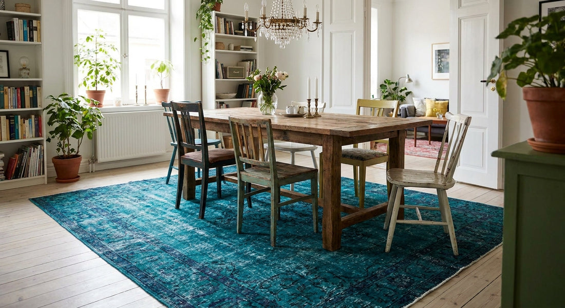 Overdyed vintage rugs for an eclectic dining room