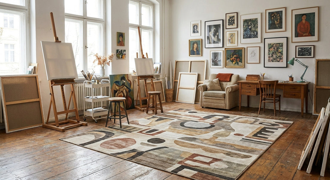 Designer rugs for a home art studio or gallery wall room