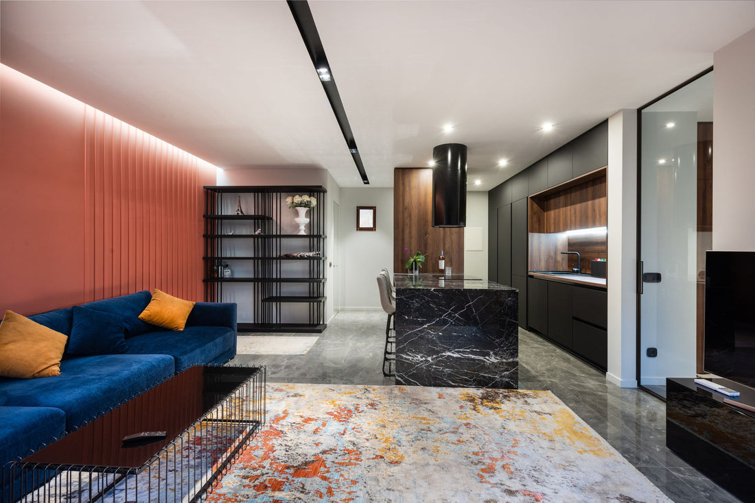 Modern living room and kitchen interior with sofa against tables on carpet with abstract ornament in light house