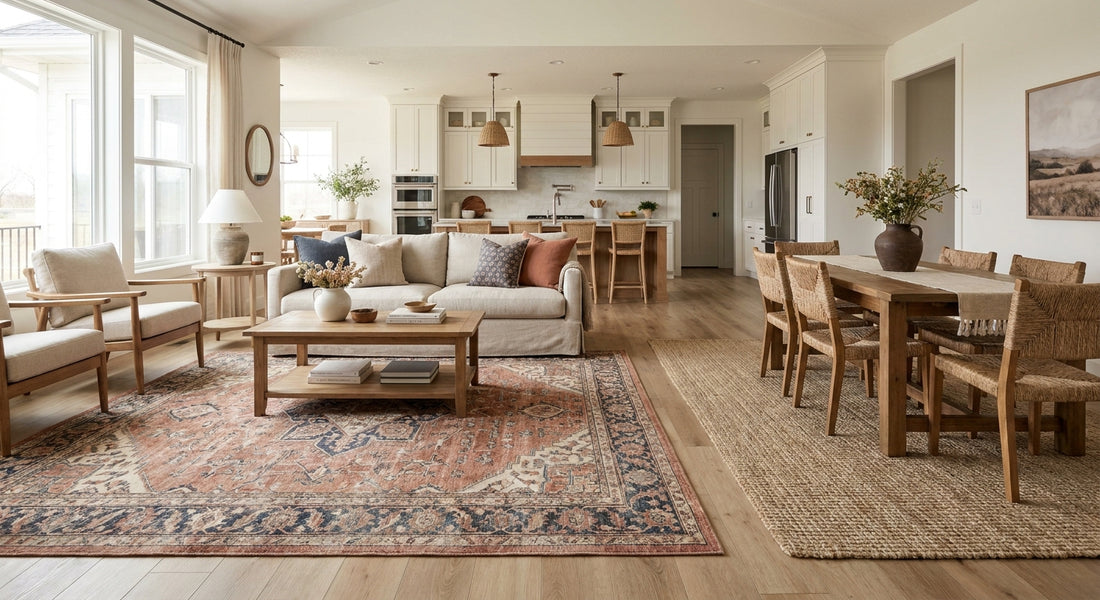 How to coordinate two rugs in an open floor plan
