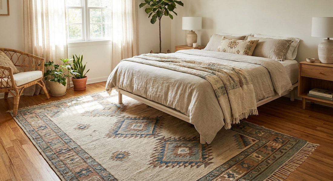 Dhurrie rugs for a boho guest bedroom
