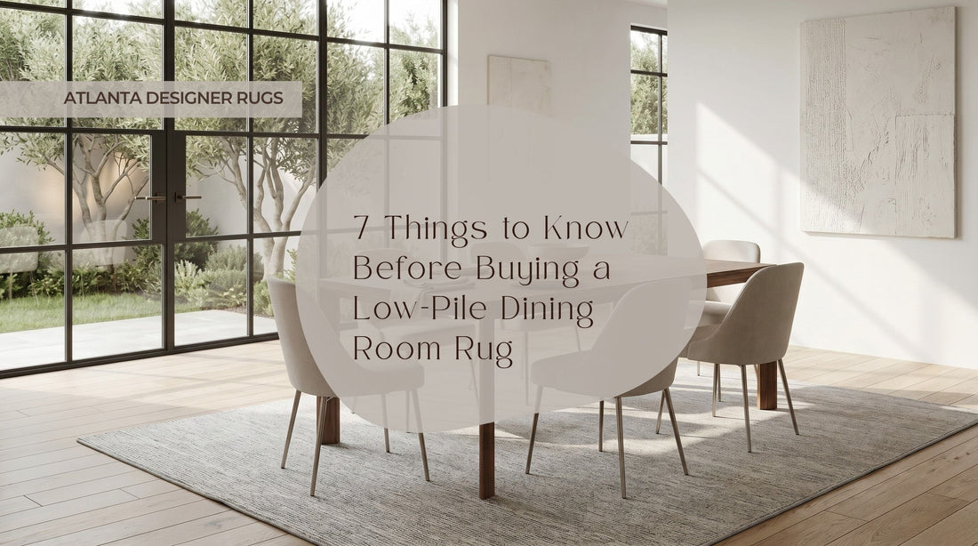Low pile dining room rug in Calvin Klein Jackson CK781 Beige Grey, styled in a bright modern dining room with soft natural light