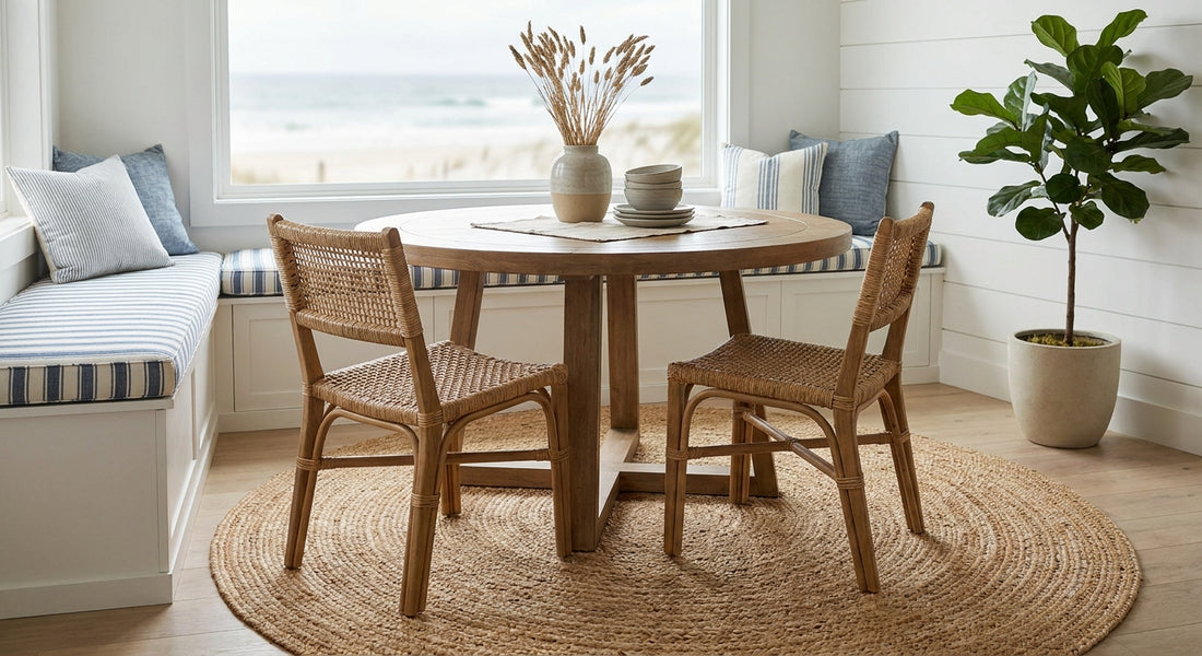 Round jute rugs for a coastal breakfast nook