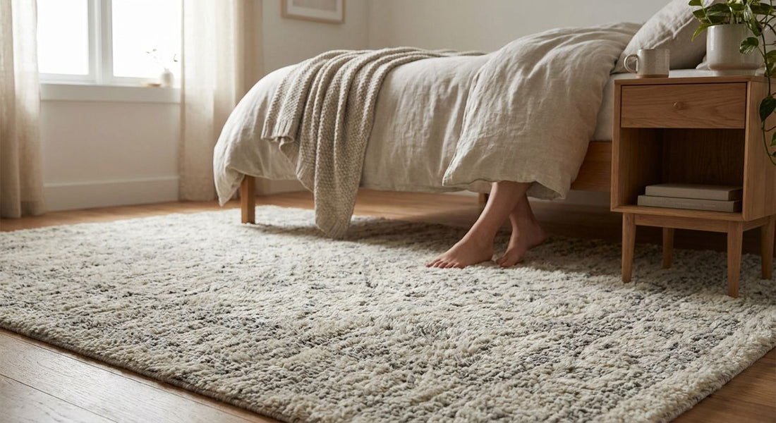 Wool-viscose blend rugs for a soft-touch bedroom