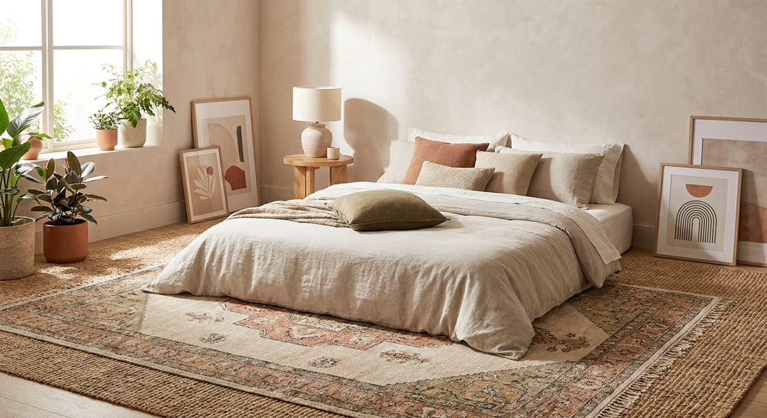 How to use a rug in a bedroom without a bed frame