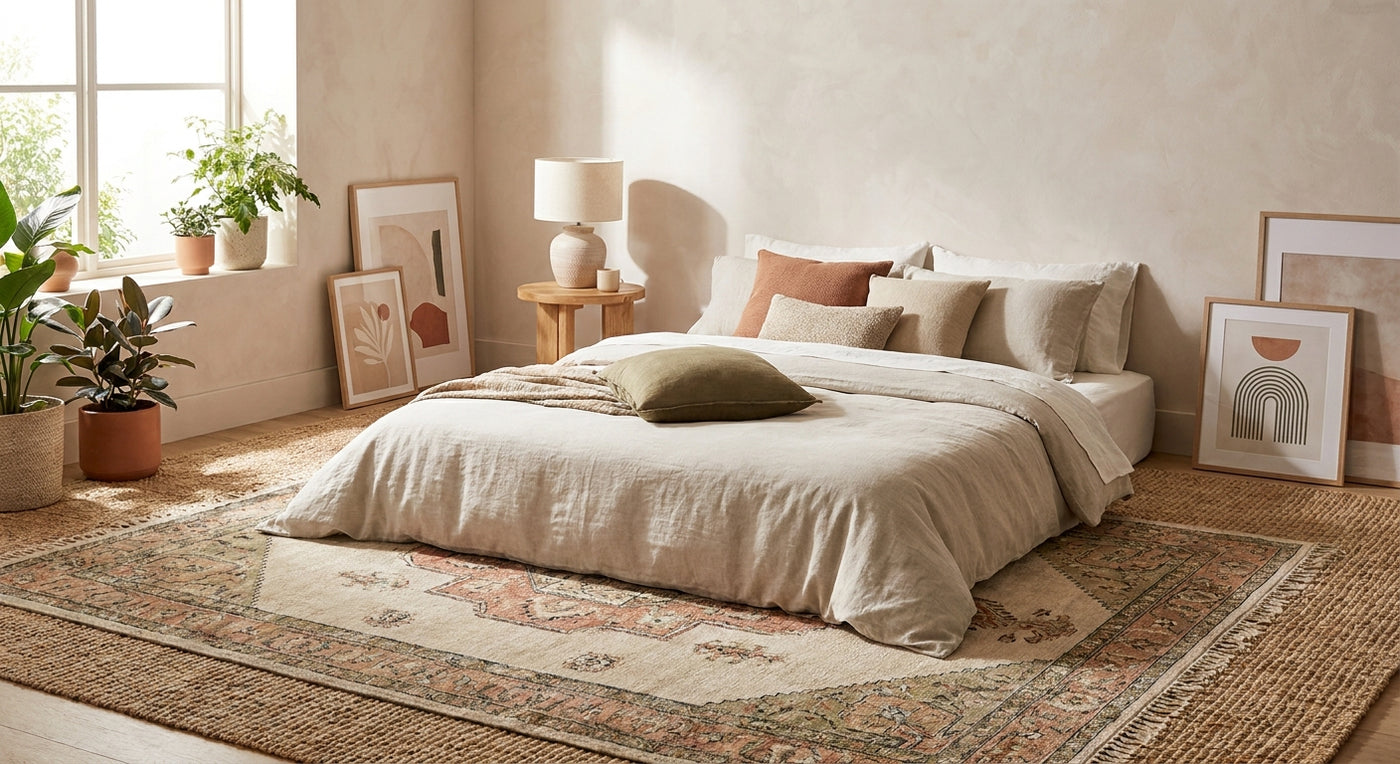 How to use a rug in a bedroom without a bed frame