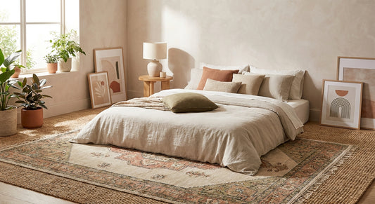 How to use a rug in a bedroom without a bed frame