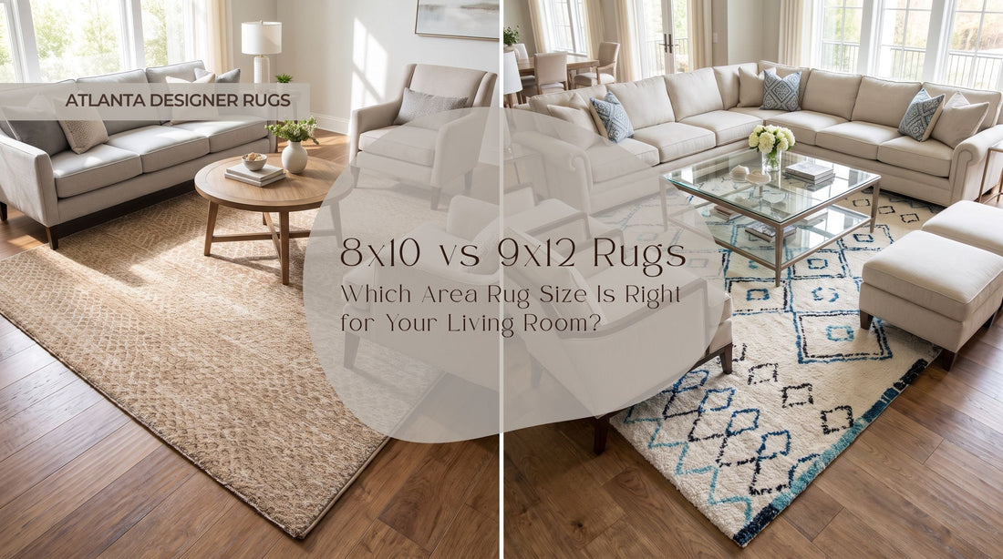 what size area rug works best in a living room 8x10 vs 9x12 guide thumbnail with Surya Masterpiece MPC-2302 Beige Global Machine Woven Rug on the left and Momeni Margaux MGX-3 Ivory Contemporary Table Tufted Rug on the right