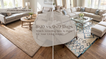 what size area rug works best in a living room 8x10 vs 9x12 guide thumbnail with Surya Masterpiece MPC-2302 Beige Global Machine Woven Rug on the left and Momeni Margaux MGX-3 Ivory Contemporary Table Tufted Rug on the right