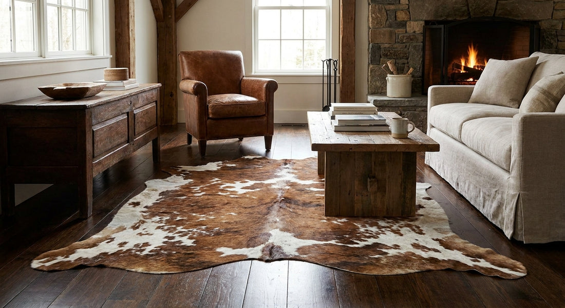 Real cowhide rugs for rustic living rooms