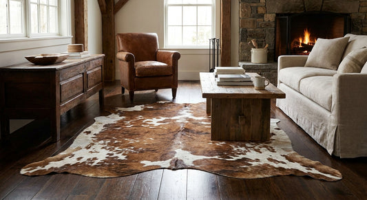 Real cowhide rugs for rustic living rooms