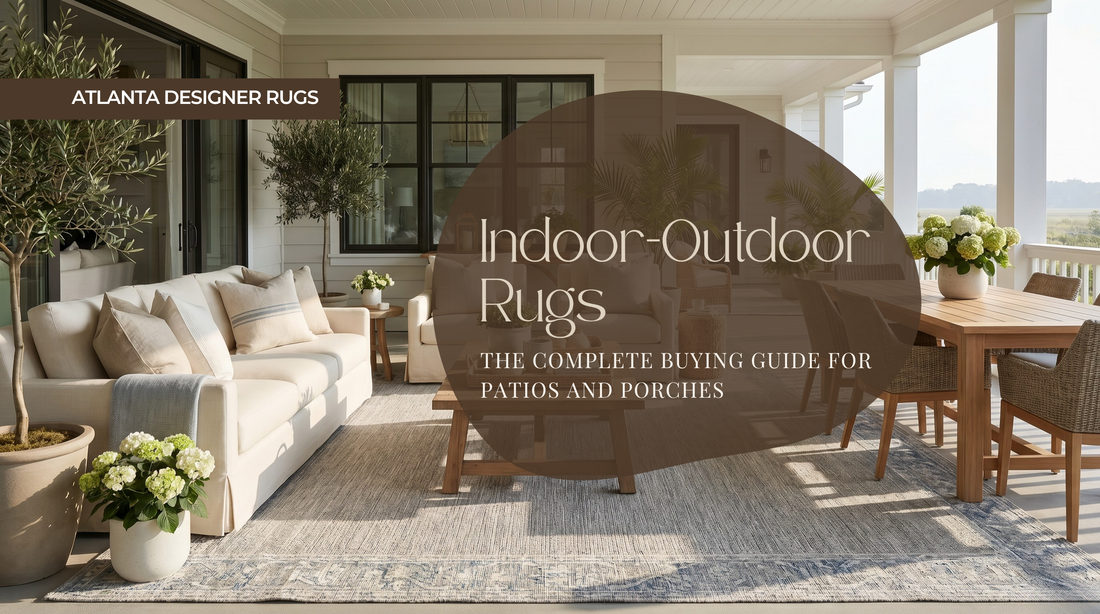 Indoor-Outdoor Rugs buying guide thumbnail showing a premium covered patio and porch with a stylish flatweave rug, elegant lounge seating, and natural light
