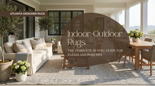 Indoor-Outdoor Rugs buying guide thumbnail showing a premium covered patio and porch with a stylish flatweave rug, elegant lounge seating, and natural light