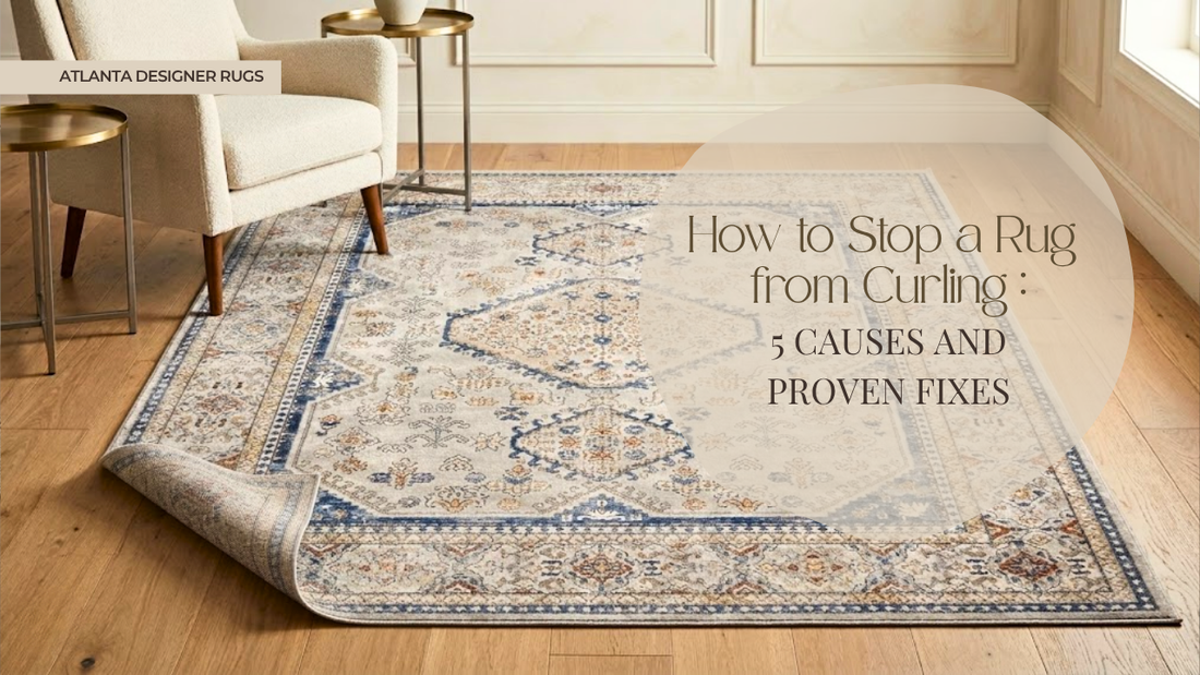 How to stop rug from curling with lifted corner on hardwood floor in living room